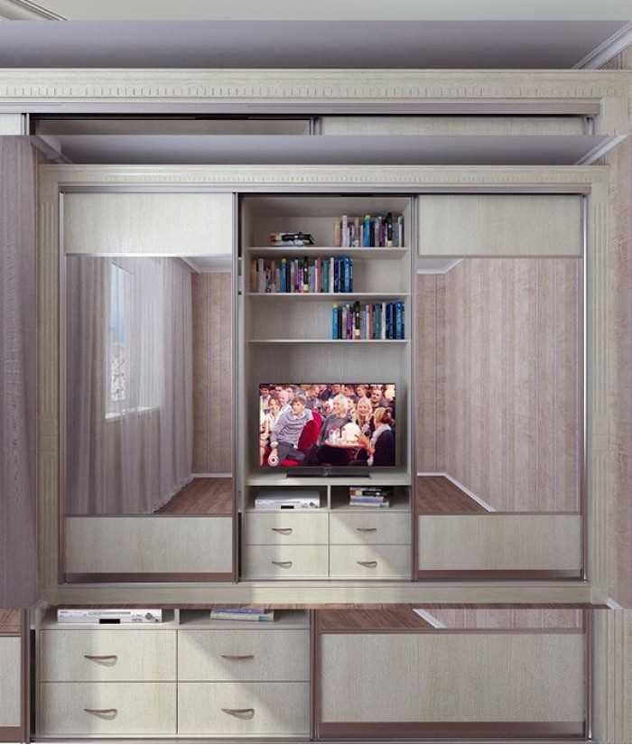 Шкаф купе для гостиной с нишей под телевизор